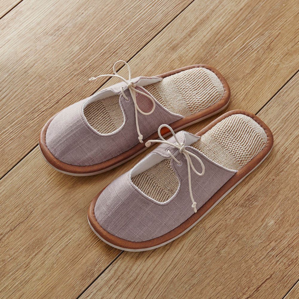 日本千趣會 - 涼鞋造型綁帶棉麻室內拖鞋-淺粉