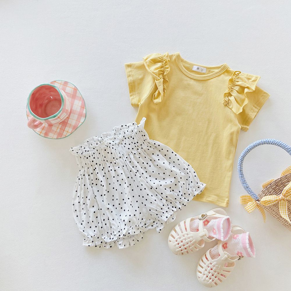 腰鬆緊休閒碎花燈籠短褲-小碎花-黑+白