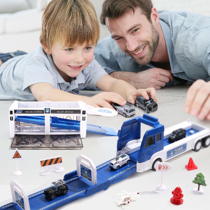 CuteStone - 兒童聲光變形警察運輸車套裝玩具20件組(福利品盒損出清)