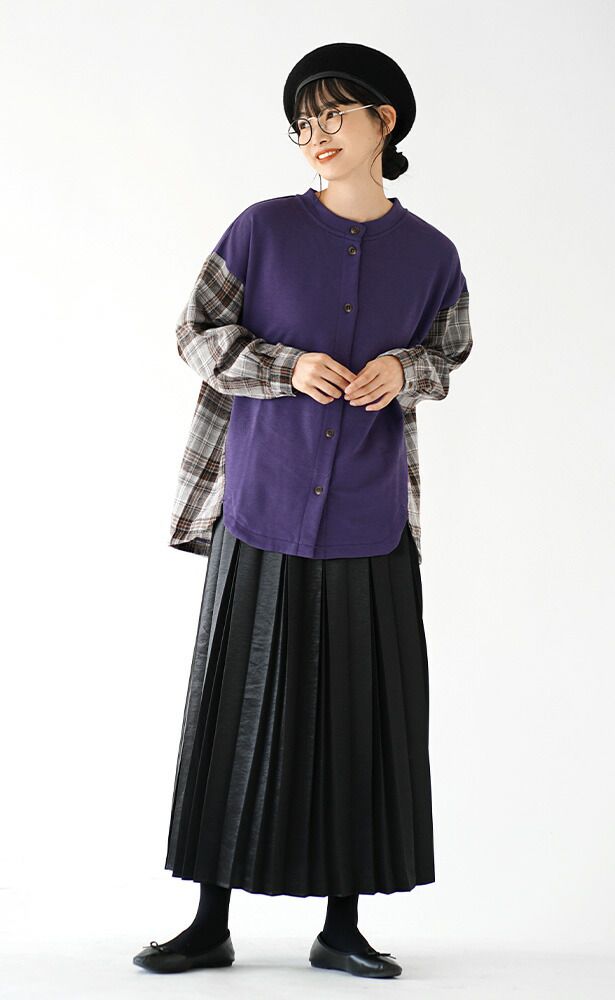 日本 zootie - 寬版拼接格子撞色開襟衫-葡萄紫