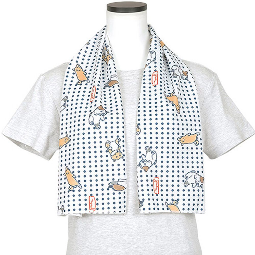 日本 LIV HEART - 抗UV水涼感巾(附收納罐)-日系花貓柴犬-白底點點 (30x100cm)