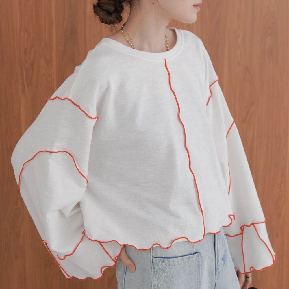 活力跳色感木耳邊大寬袖上衣-白x橘