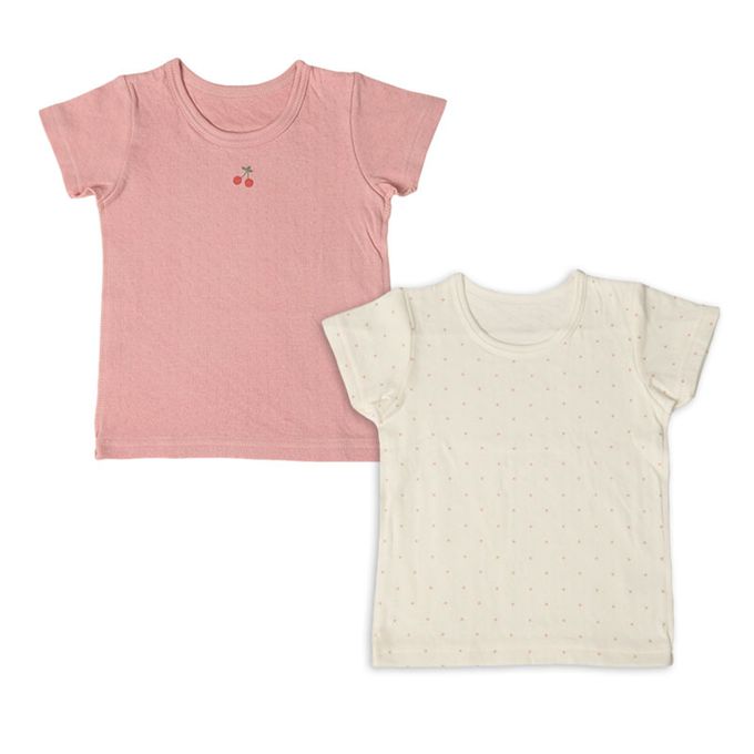 akachan honpo - 短袖圓領上衣2件組蓬鬆棉-櫻桃&點點-粉紅色