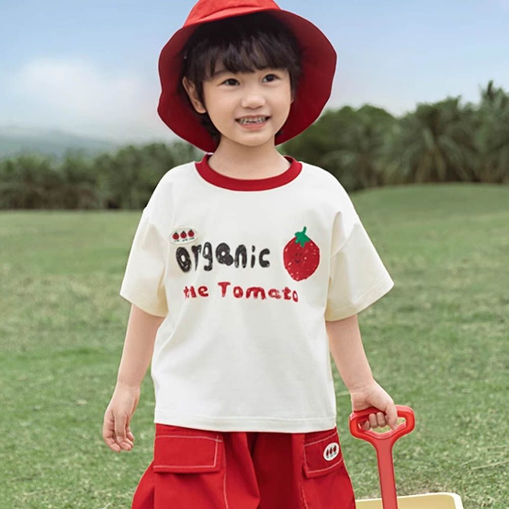 棉質圓領休閒短袖上衣-番茄-米色