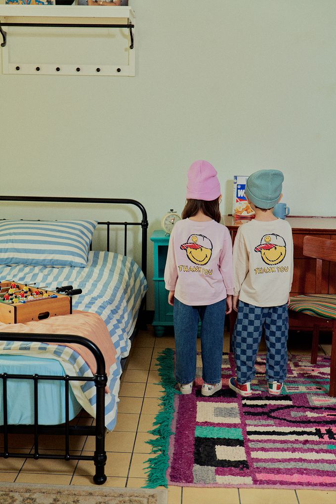 韓國 First Blue - 鴨舌帽笑臉印長袖上衣-灰綠