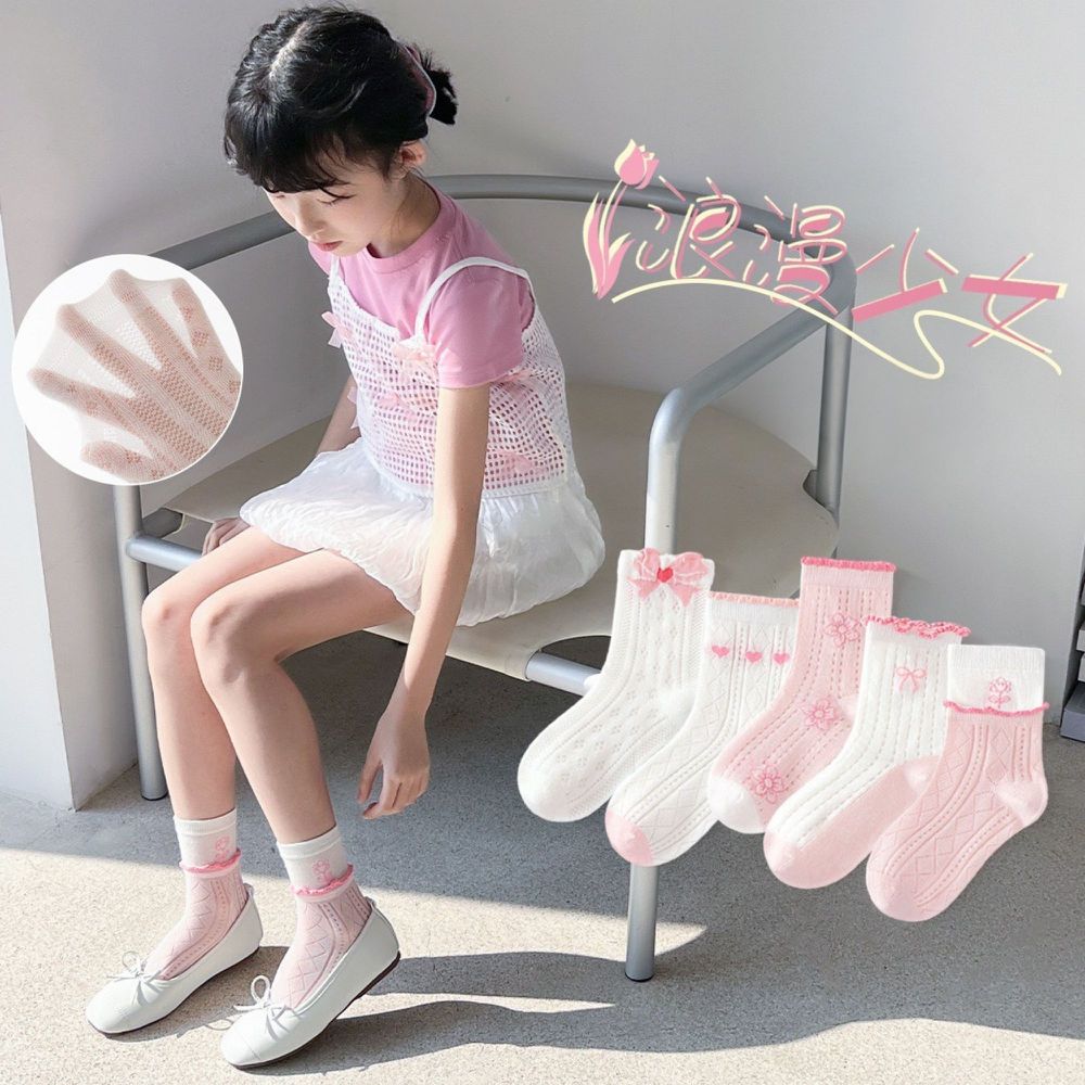 美少女蝴蝶結花朵透氣網眼中筒棉襪-中筒襪-5 雙一組