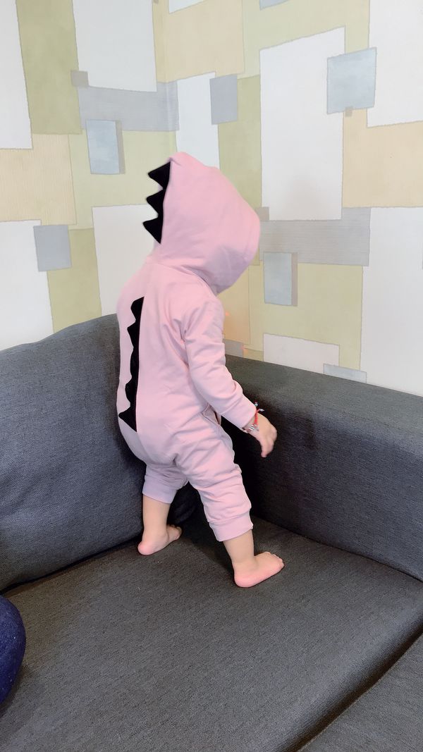 JoyNa - 連帽長袖連身衣-恐龍-粉