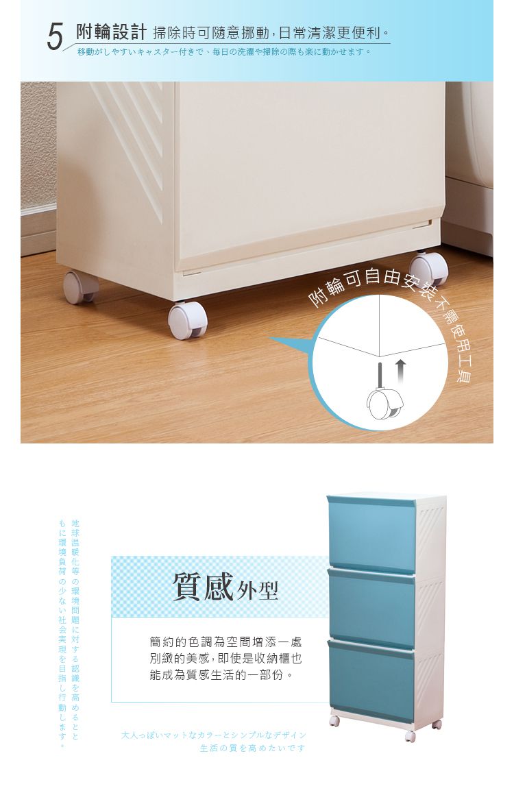 平和Heiwa - Clevan日製多功能前開雙層分類洗衣籃櫃(附輪)-天空藍