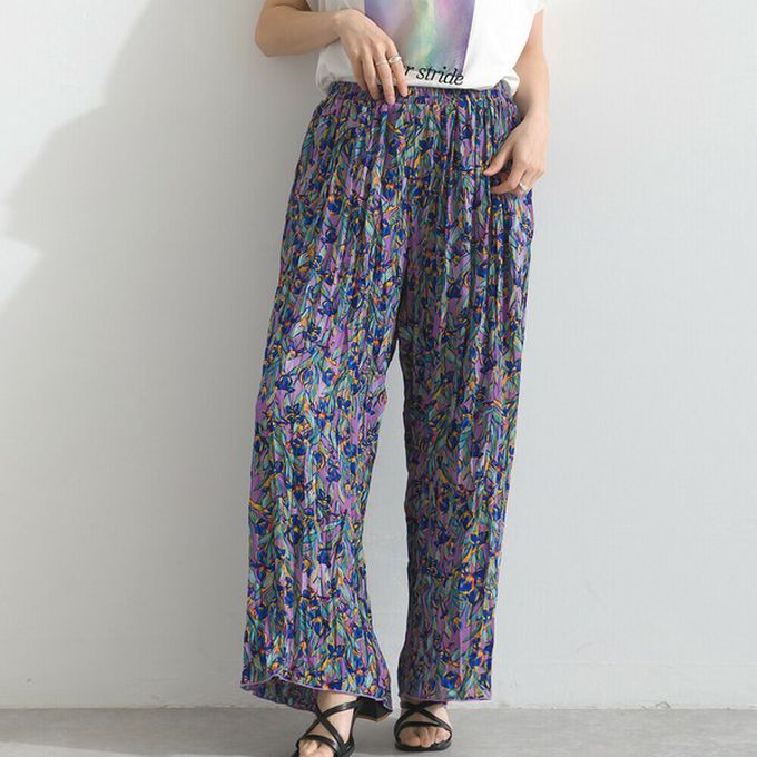 日本 le colis - 華麗藝文花卉飄逸感皺褶寬褲-藍紫系