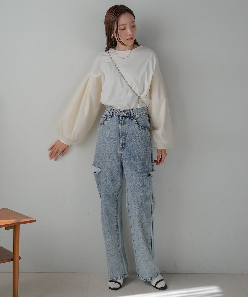 日本 Bab - 優雅拼接薄紗長袖上衣-深灰