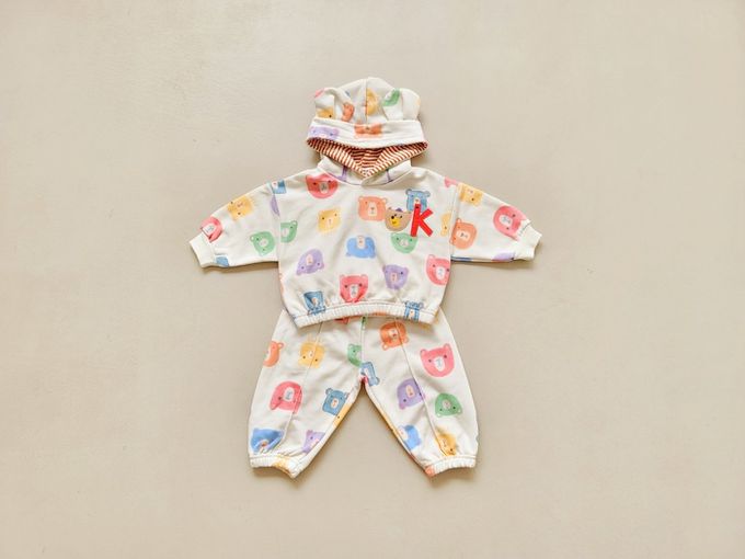 韓國 Mimico - 童趣多彩熊熊印連帽長袖上衣-象牙白