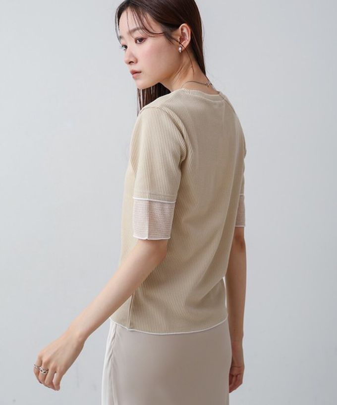 日本 Bab - 柔美線條羅紋異材質短袖上衣-卡其 (M)