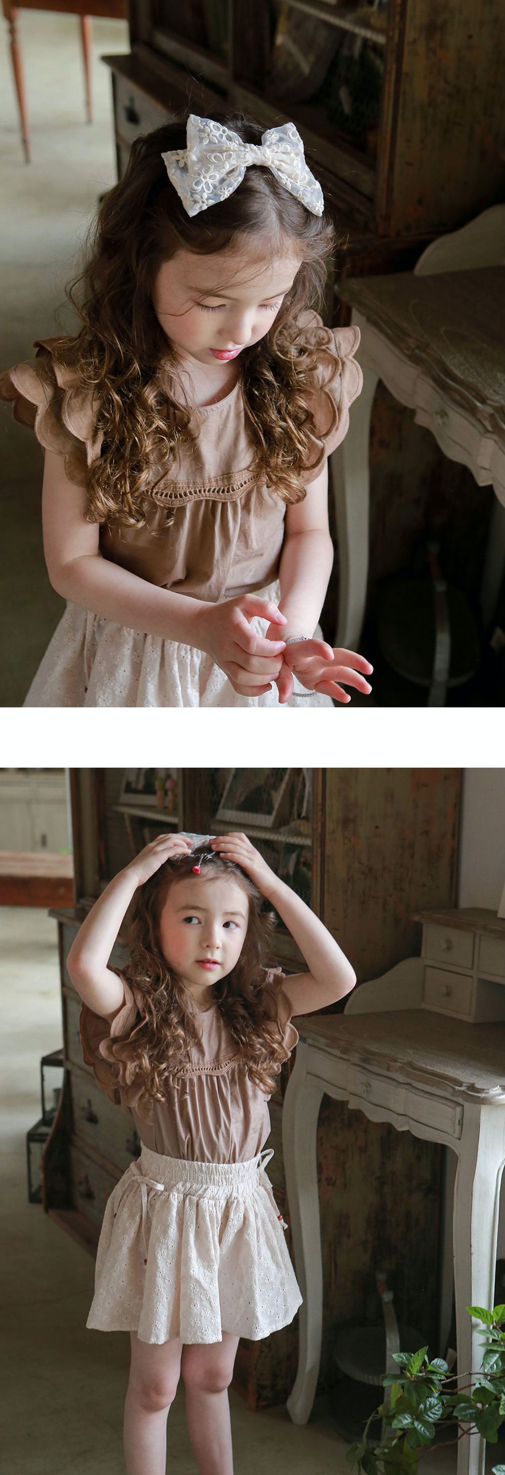 韓國 PuellaFLO - 蝴蝶狀荷葉袖上衣-摩卡