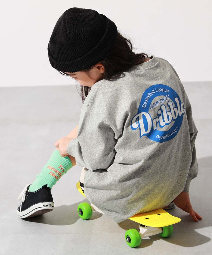 日本 devirock - 100%棉 定番印花寬版長袖上衣-漢堡疊高-灰粉