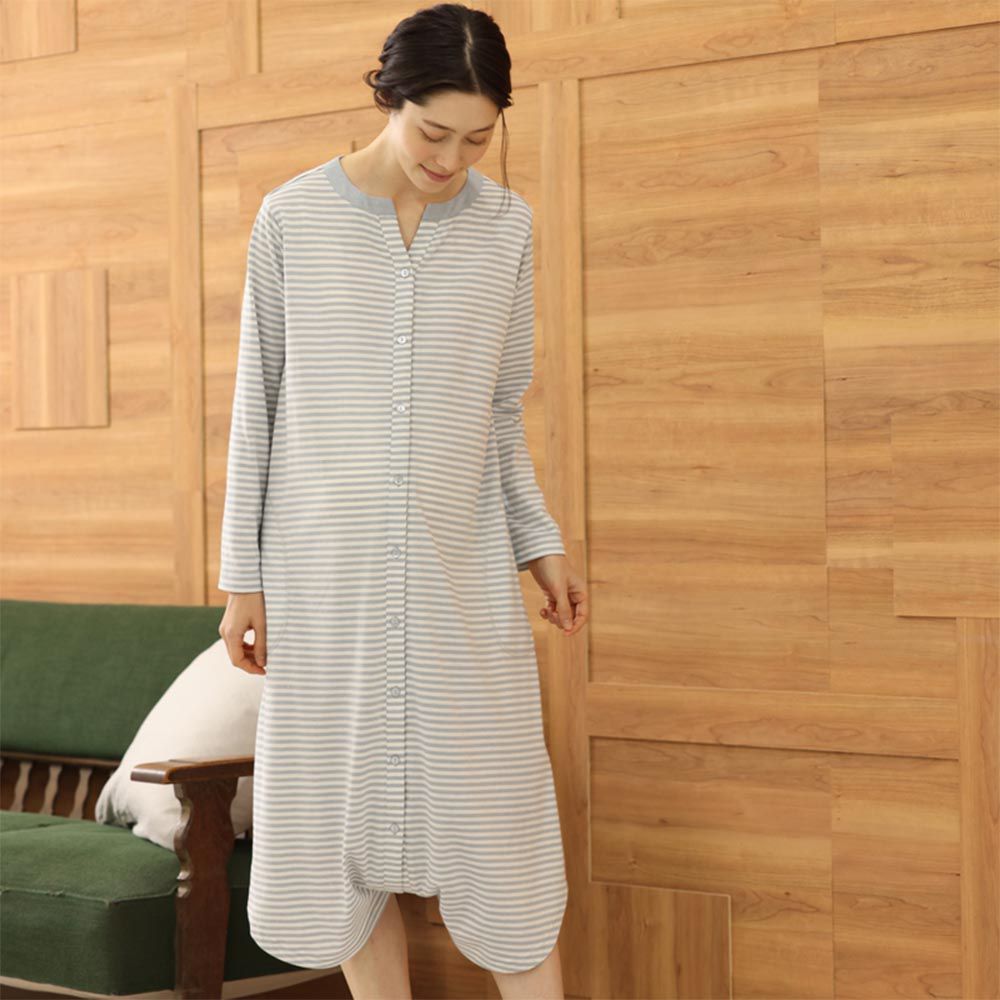 akachan honpo - 長袖洋裝-橫紋 防止裙擺上翻設計-淺藍色 (M~L)