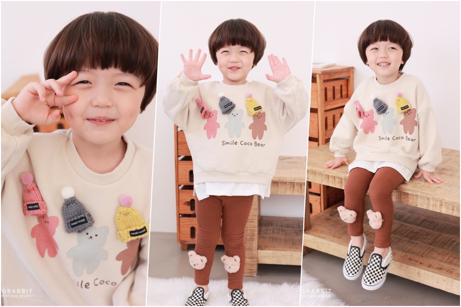 韓國 Coco rabbit - 假兩件毛帽小熊長袖上衣-粉