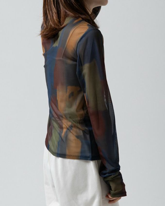 日本 gleam - 水彩畫風透膚休閒長袖上衣-深棕x藍系