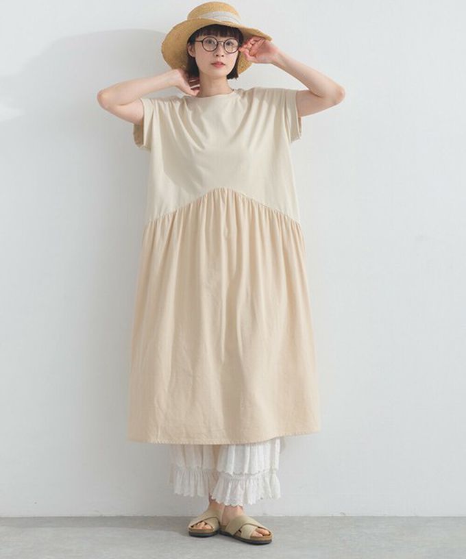 日本 Lupilien - [人氣款]亞麻混紡條紋拼接短袖洋裝-芥末黃