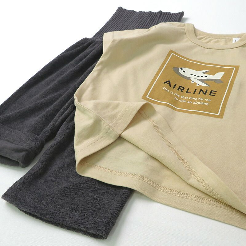 日本 ZOOLAND - 天竺棉透氣腹卷短袖家居服/睡衣-飛機-米x棕