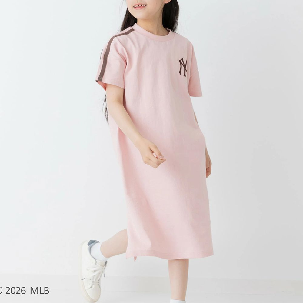 MLB 刺繡logo運動風純棉短袖洋裝-紐約洋基-粉紅