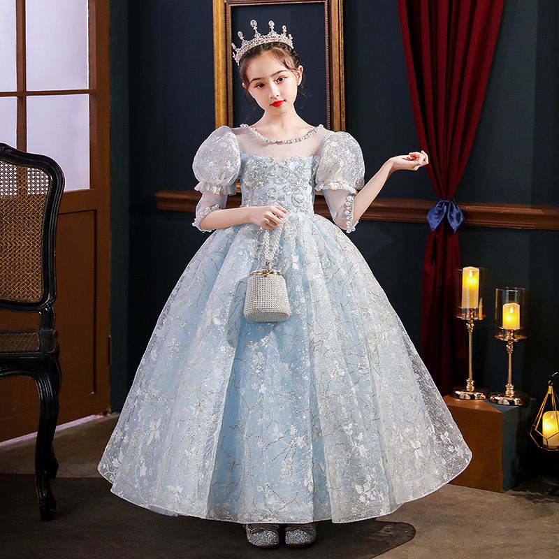 公主風刺繡七分袖禮服-滿版刺繡-藍色