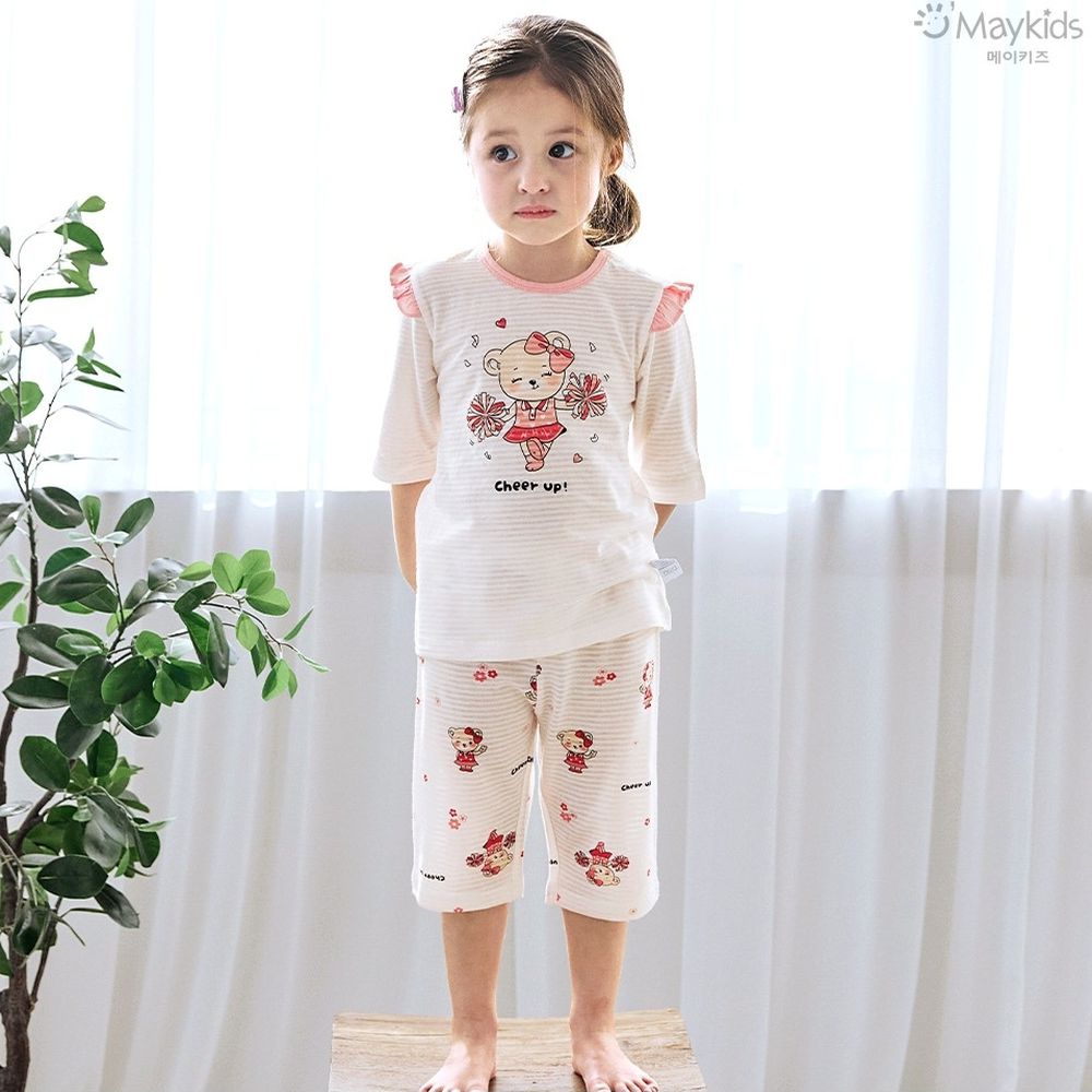 透氣條紋提花棉七分袖家居服-啦啦隊熊熊-米X粉