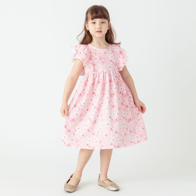 日本 evercloset - 少女花卉雙層荷葉袖洋裝-粉紅