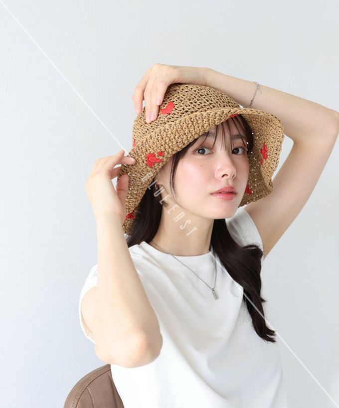 日本 BLUE EAST - 可愛刺繡編織遮陽漁夫帽-淺卡其