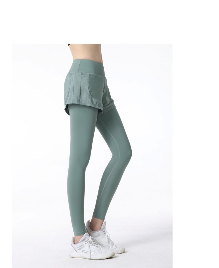 大碼高腰假兩件防走光瑜珈褲-黑色