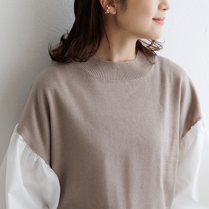 日本 ihuu - 氣球袖拼接薄針織上衣-黑x白