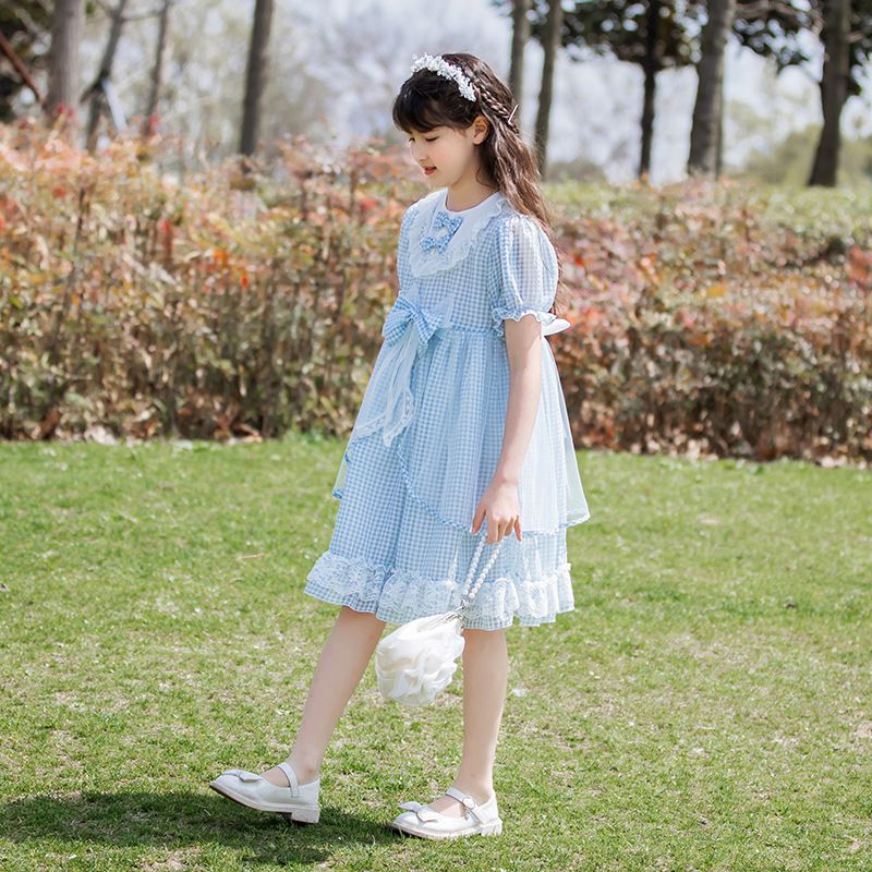 蕾絲娃娃領泡泡袖洋裝-格紋-藍+白