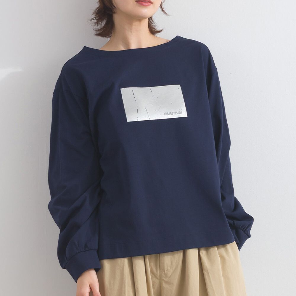 100%棉 光澤感銀箔裝飾長袖上衣-海軍藍