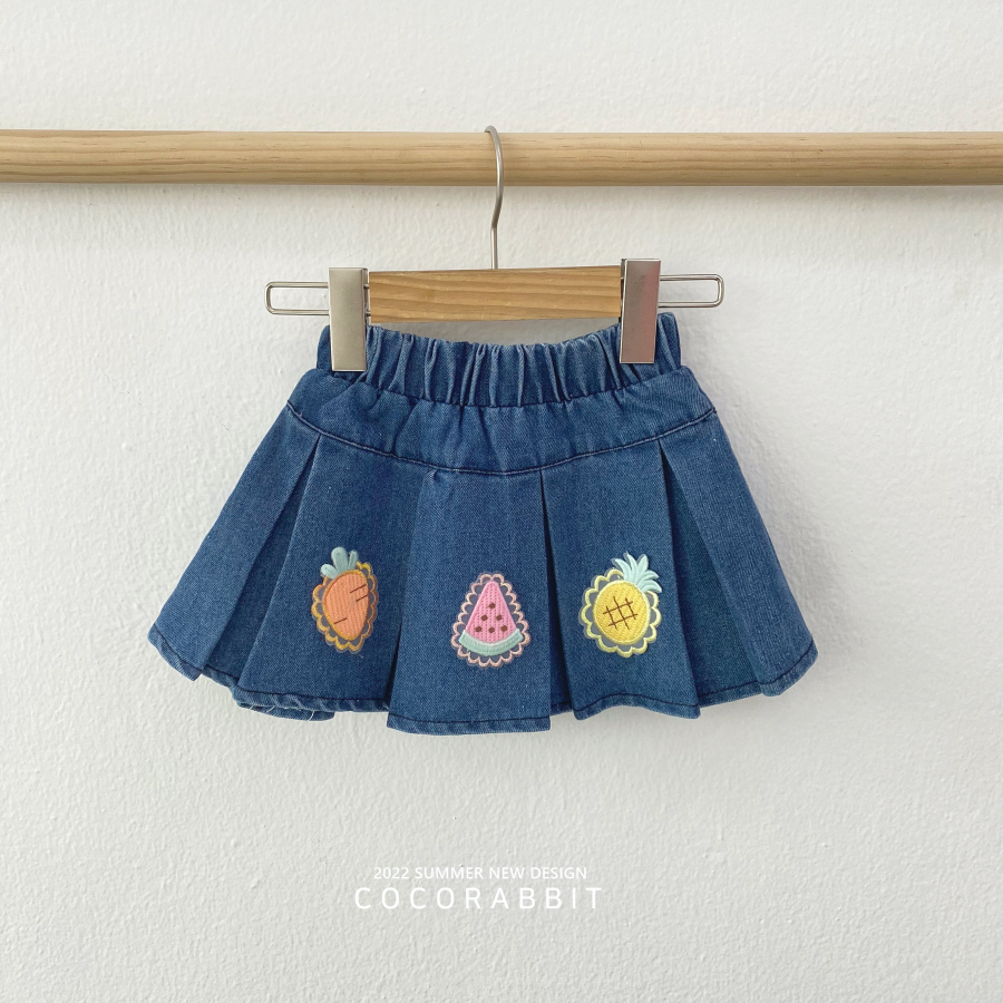 韓國 Coco rabbit - 鬆緊腰刺繡蔬果寬百褶牛仔裙