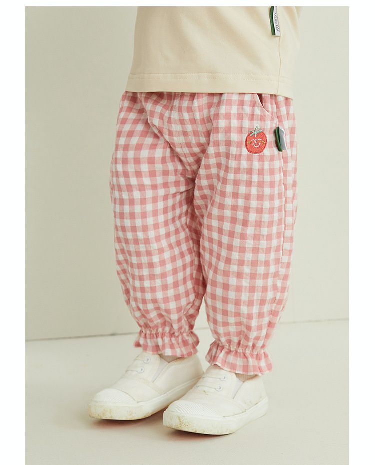 休閒束口長褲-格紋番茄-粉+白