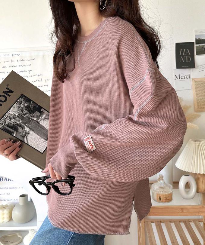 日本 Classical Elf - Java 華夫格車線薄長袖上衣-煙燻粉