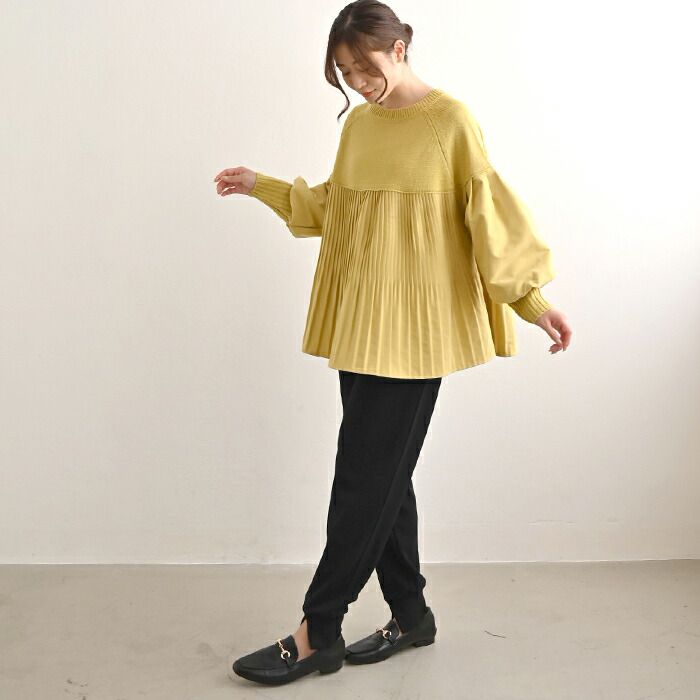 日本 ihuu - A字顯瘦百摺氣球袖針織上衣-黃