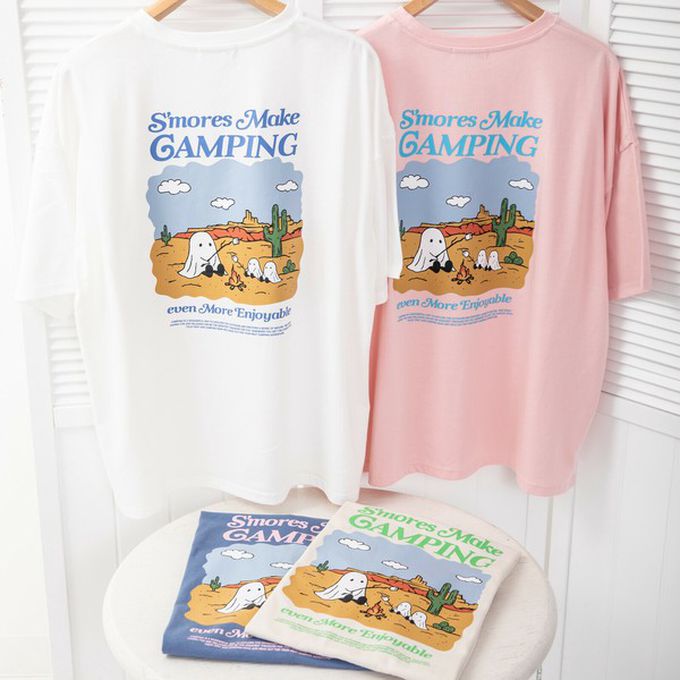 日本 gleam - 俏皮露營幽靈印花寬大風T恤-炭灰