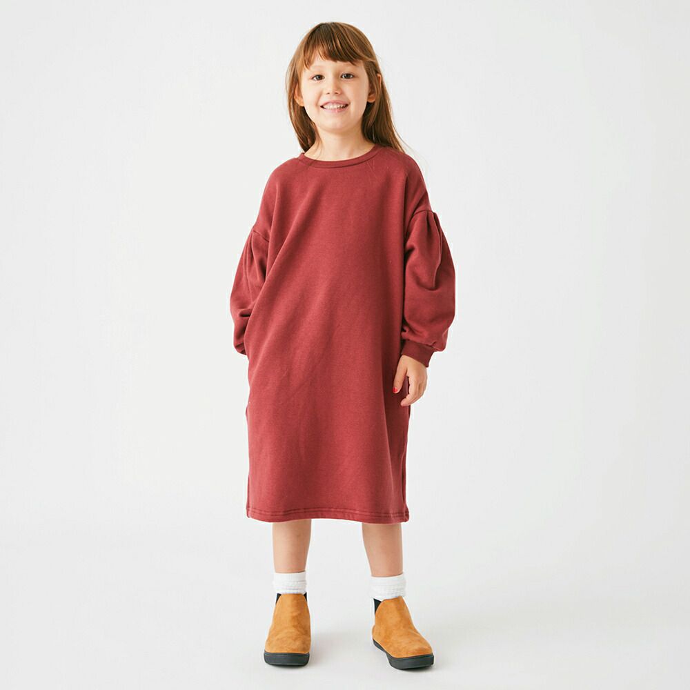 日本 evercloset - 裏毛厚磅背後拼接泡泡長袖洋裝-粉紅