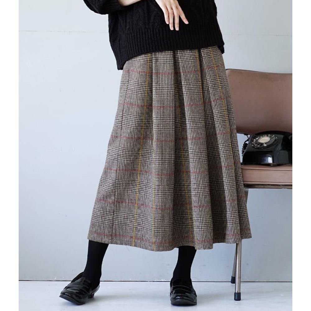 日本 zootie - 羊毛混紡層次打褶修身長裙-千鳥格紋-深灰棕