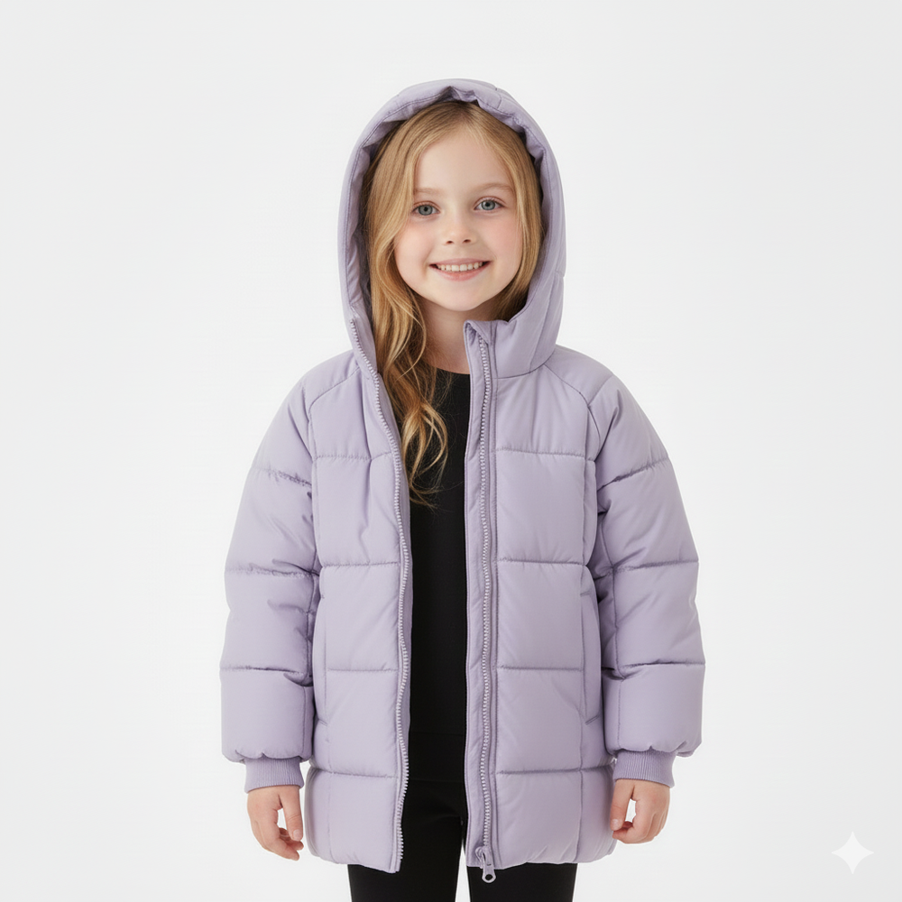 中長款保暖鋪棉連帽外套-格子壓紋-紫色