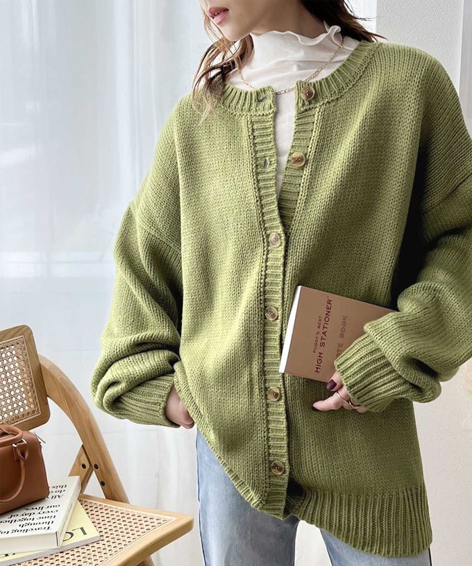 日本 Classical Elf - 雙面穿寬鬆針織鈕釦開襟衫-煙燻綠