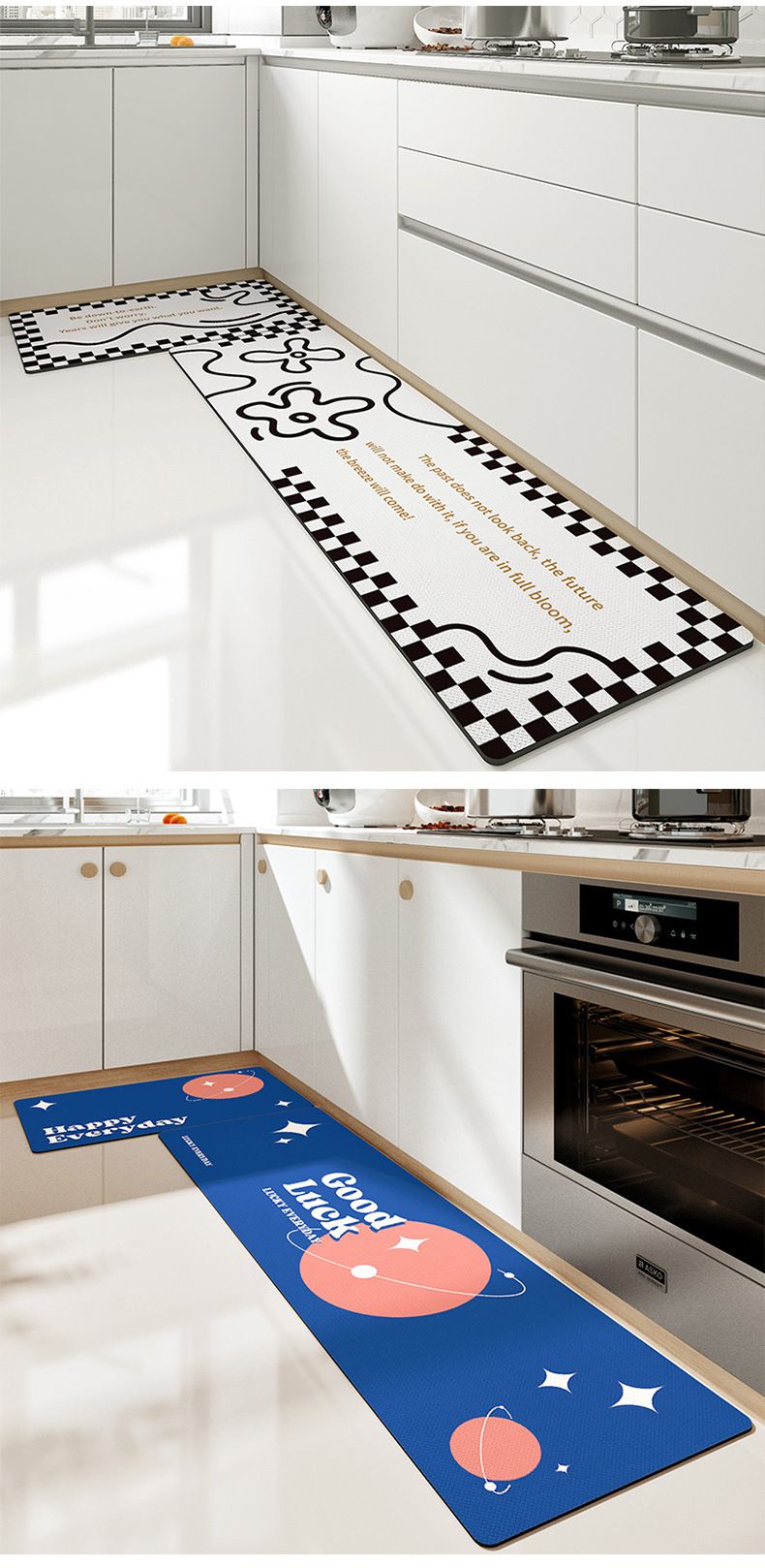 廚房防滑防水腳踏墊-半圓幾何-黑+白