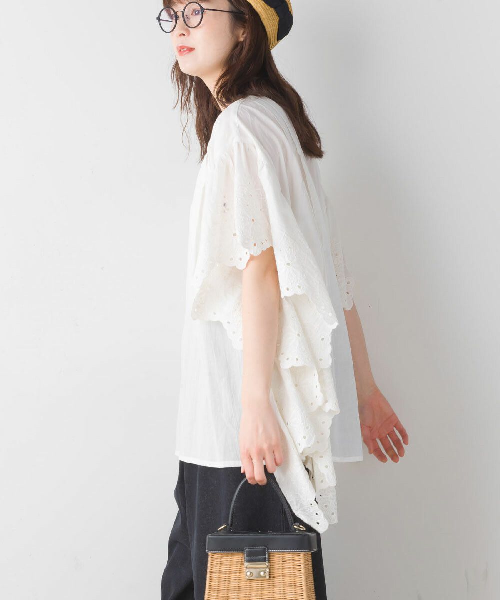 日本女裝代購 - 文藝刺繡大波浪寬鬆短袖上衣-經典黑