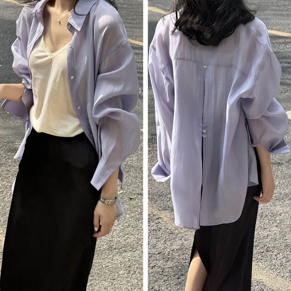 透膚感薄長袖襯衫-後開衩貝殼釦-霧紫色