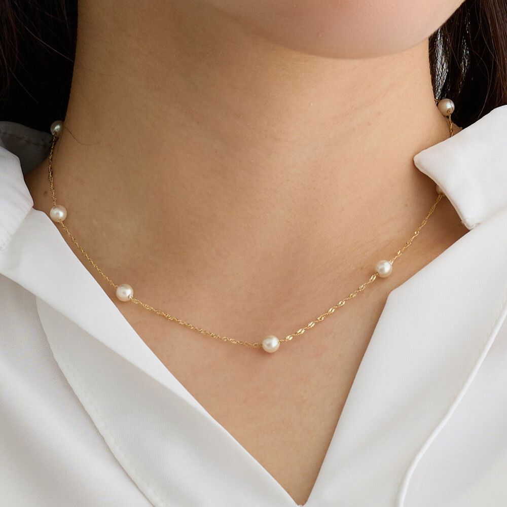 日本製 優雅女伶珍珠串項鍊-金