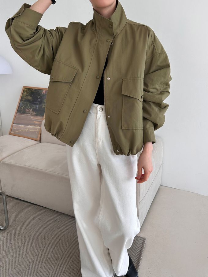 韓國女裝連線 - 秋季必備！短版風衣外套-軍綠 (FREE)