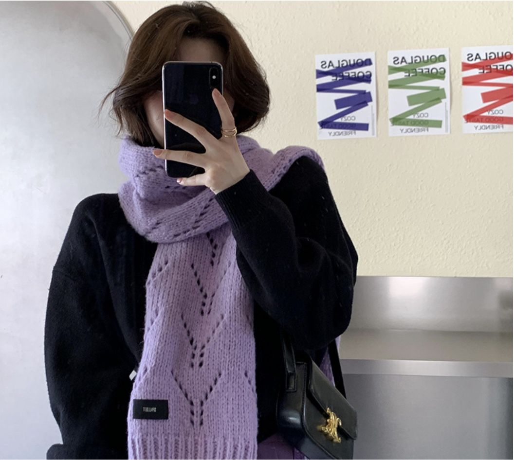 學院風純色針織毛線長版圍巾-紫-成人圍巾披肩-紫-175 x 35 cm