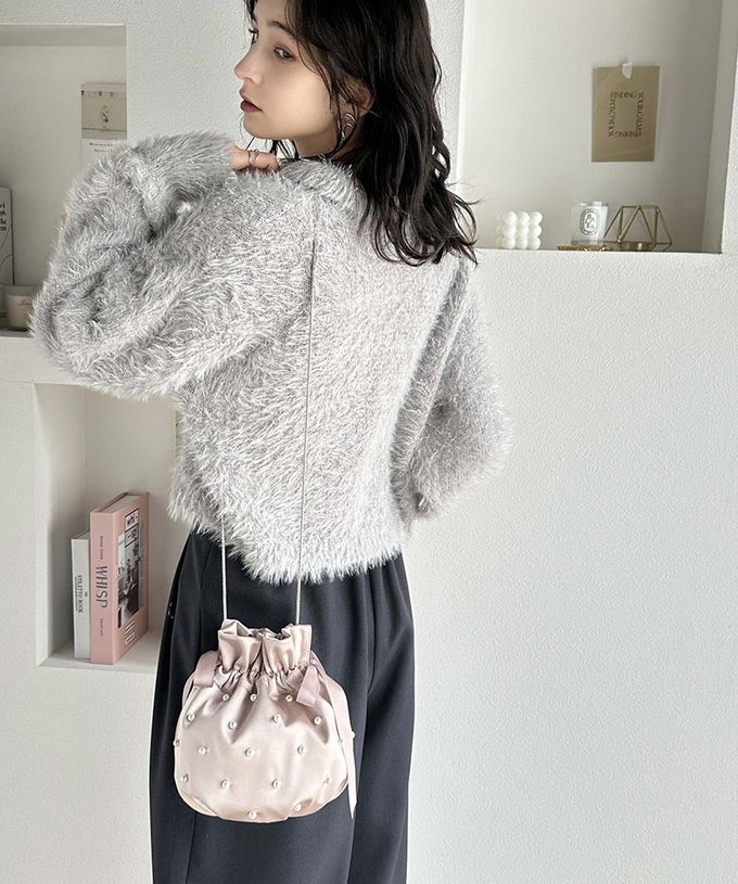 日本 Classical Elf - mily bilet 華麗緞面珍珠束口側背小包-象牙白