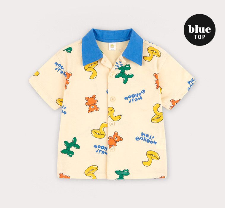 韓國 HEJMINI - 氣球印花排扣襯衫套裝-米X藍