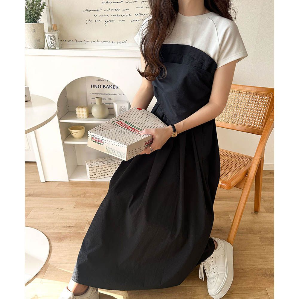 綁帶2way清爽拼接感短袖洋裝-白x黑